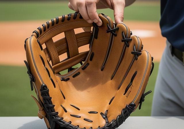 内野手用の浅いポケットとIウェブのグラブを手に取る場面