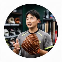 野球用品店のスタッフが店内でグラブを手に説明する様子